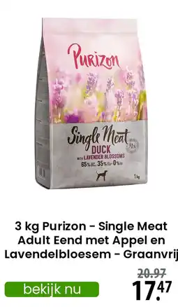 Zooplus Purizon Single Meat Adult Eend met Appel en Lavendelbloesem Graanvrij aanbieding