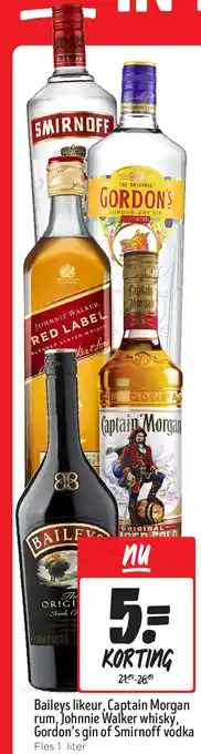 Jumbo Baileys likeur, Captain Morgan rum, Johnnie Walker whisky, Gordon's gin of Smirnoff vodka aanbieding