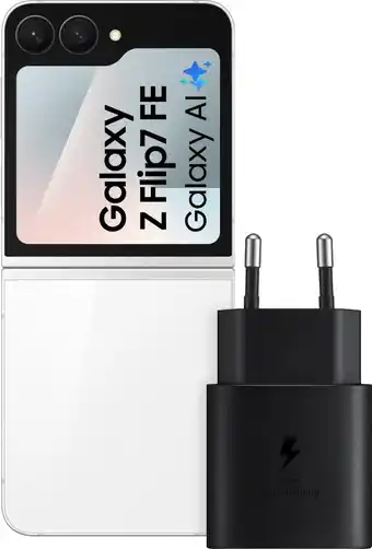 Coolblue Samsung Galaxy Z Flip 7 FE 256GB Wit 5G + Samsung Oplader 25 Watt Zwart aanbieding