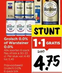Vomar Voordeelmarkt Grolsch 0.0% of Warsteiner 0.0% aanbieding