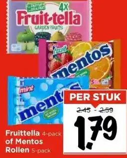 Vomar Voordeelmarkt Fruittella 4-pack of Mentos Rollen 5-pack aanbieding
