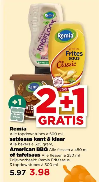 PLUS Remia satésaus kant & klaar American BBQ of tafelsaus aanbieding