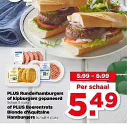 PLUS PLUS Runderhamburgers of kipburgers gepaneerd of PLUS Boerentrots Blonde d'Aquitaine Hamburgers aanbieding
