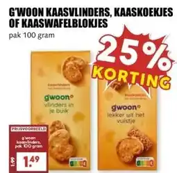 MCD Supermarkt G'WOON KAASVLINDERS, KAASKOEKJES OF KAASWAFELBLOKJES aanbieding