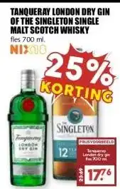 MCD Supermarkt TANQUERAY LONDON DRY GIN OF THE SINGLETON SINGLE MALT SCOTCH WHISKY aanbieding
