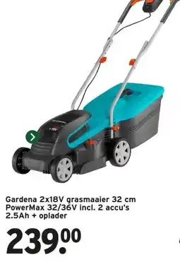 GAMMA Gardena 2x18V grasmaaier 32 cm PowerMax 32/36V incl. 2 accu's 2.5Ah + oplader aanbieding