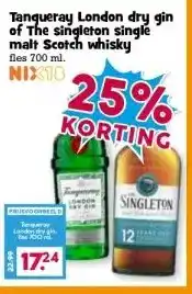 Boon`s Markt Tanqueray London dry gin of The singleton single malt Scotch whisky aanbieding