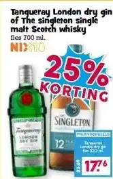 Boon`s Markt Tanqueray London dry gin of The singleton single malt Scotch whisky fles 700 ml. NIX18 aanbieding