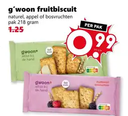 Coop g'woon fruitbiscuit naturel, appel of bosvruchten pak 218 gram 1.25 aanbieding