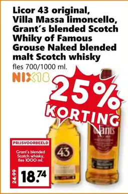 Coop Licor 43 original, Villa Massa limoncello, Grant's blended Scotch Whiky of Famous Grouse Naked blended malt Scotch whisky aanbieding