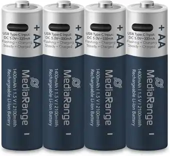 Amazon MediaRange Oplaadbare USB-C Li-Ion batterijen, Mignon AA I 1.5V I 1.400mAh, 4-pack aanbieding