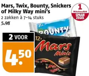 Poiesz Mars, Twix, Bounty, Snickers 1 of Milky Way mini's aanbieding