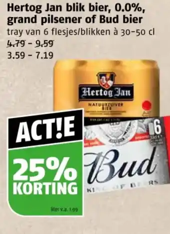 Poiesz Hertog Jan blik bier, 0.0%, grand pilsener of Bud bier aanbieding