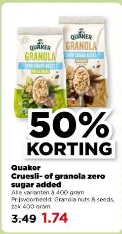 PLUS Quaker Cruesli- of granola zero sugar added aanbieding