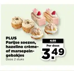 PLUS PLUS Parijse soezen, hazelino crème- of marsepein- gebakjes aanbieding