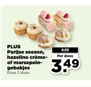 PLUS PLUS Parijse soezen, hazelino crème- of marsepein- gebakjes aanbieding
