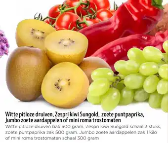 Jumbo Witte pitloze druiven, Zespri kiwi Sungold, zoete puntpaprika, Jumbo zoete aardappelen of mini roma trostomaten aanbieding