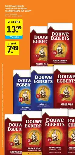 Albert Heijn Alle Douwe Egberts aroma rood en décafé snelfiltermaling 500 gram* aanbieding