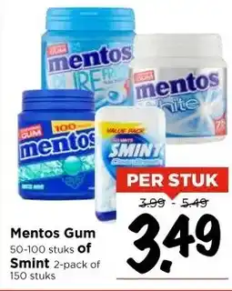 Vomar Voordeelmarkt Mentos Gum 50-100 stuks of Smint 2-pack of 150 stuks aanbieding