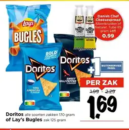 Vomar Voordeelmarkt Doritos alle soorten zakken 170 gram of Lay's Bugles zak 125 gram aanbieding