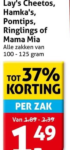 Hoogvliet Lay's Cheetos, Hamka's, Pomtips, Ringlings of Mama Mia aanbieding