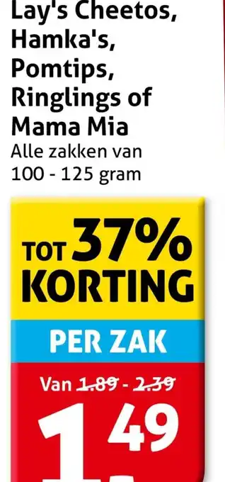 Hoogvliet Lay's Cheetos, Hamka's, Pomtips, Ringlings of Mama Mia aanbieding