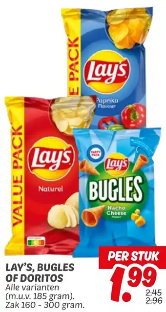 Dekamarkt Lay's, bugles of Doritos aanbieding