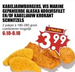 MCD Supermarkt KABELJAUWBURGERS, VIS MARINE GEPANEERDE ALASKA KOOLVISFILET EN/OF KABELJAUW KROKANT SCHNITZELS aanbieding