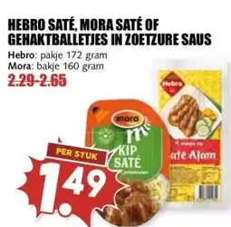 MCD Supermarkt HEBRO SATÉ, MORA SATÉ OF GEHAKTBALLETJES IN ZOETZURE SAUS aanbieding