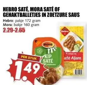 MCD Supermarkt HEBRO SATÉ, MORA SATÉ OF GEHAKTBALLETJES IN ZOETZURE SAUS aanbieding