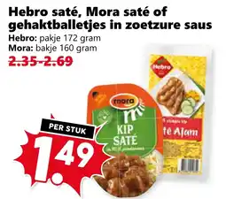 CoopCompact Hebro saté, Mora saté of gehaktballetjes in zoetzure saus aanbieding