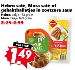 Coop Hebro saté, Mora saté of gehaktballetjes in zoetzure saus aanbieding
