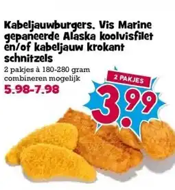 Boon`s Markt Kabeljauwburgers. Vis Marine gepaneerde Alaska koolvisfilet en/of kabeljauw krokant schnitzels aanbieding