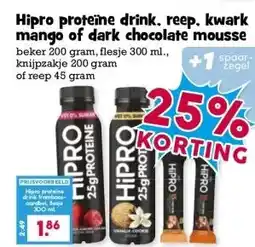 Boon`s Markt Hipro proteine drink, reep. kwark mango of dark chocolate mousse aanbieding