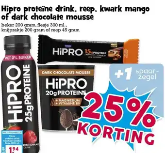Boon`s Markt Hipro proteïne drink, reep, kwark mango of dark chocolate mousse aanbieding