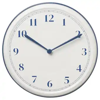 IKEA Blauwe klassieke wandklok met witte wijzerplaat en cijfers, ronde vorm, stille quartz uurwerk aanbieding