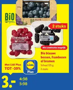 Lidl Bio blauwe bessen, frambozen of bramen aanbieding