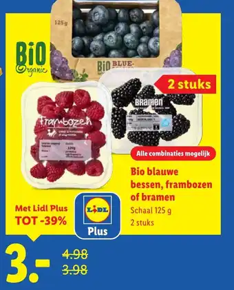 Lidl Bio blauwe bessen, frambozen of bramen aanbieding