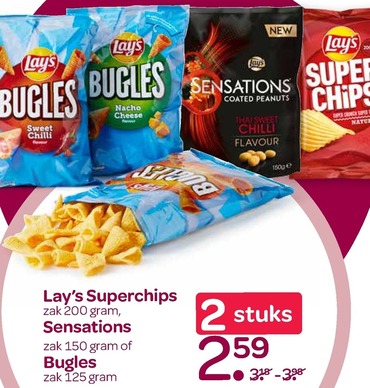 Lay's Superchips, Sensations, Bugles aanbieding bij Spar