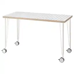 IKEA Lagkapten wit tafelblad met symmetrisch vierkant patroon op witte haarspeldpoten met zwenkwielen aanbieding