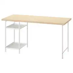 IKEA Mittcirkel bureau: licht houten blad, witte metalen poten, 2 planken, eenvoudig ontwerp aanbieding