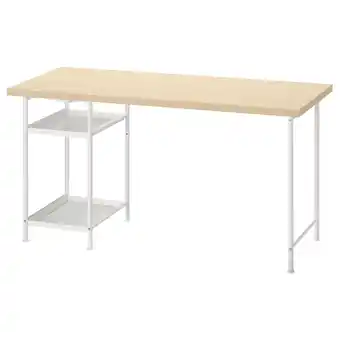 IKEA Mittcirkel bureau: licht houten blad, witte metalen poten, 2 planken, eenvoudig ontwerp aanbieding