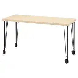 IKEA Een honingkleurig mittcirkel bureau met zwarte metalen poten en wieltjes aanbieding