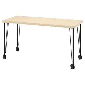 IKEA Een honingkleurig mittcirkel bureau met zwarte metalen poten en wieltjes aanbieding