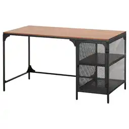 IKEA FjÄllbo bureau, licht houten blad, zwart metalen frame, gaasplank, industriële stijl aanbieding