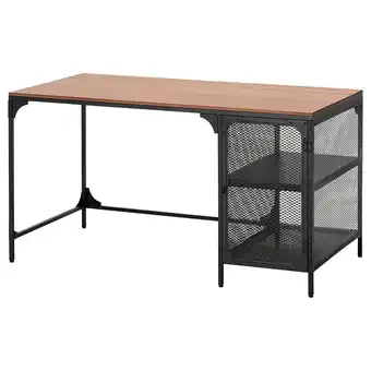 IKEA FjÄllbo bureau, licht houten blad, zwart metalen frame, gaasplank, industriële stijl aanbieding