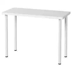 IKEA Afbeelding toont een wit linnmon bureau, rechthoekig met vier metalen poten en een verstelbare voet aanbieding