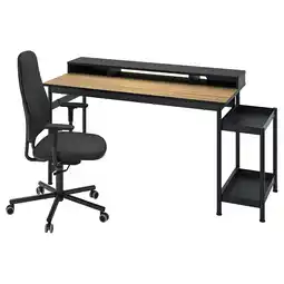 IKEA Zwarte kantoorset: bureau, zijplank, rolstoel. Modern, ergonomisch ontwerp, houten blad aanbieding