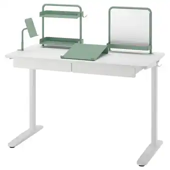 IKEA Relatera bureau - wit met groen accessoires: whiteboard, schrijfblok, tablethouder, haken aanbieding