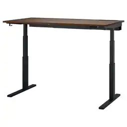 IKEA Mittzon zit-sta bureau: ergonomisch, walnoothouten blad, zwarte poten, dubbele motoren aanbieding